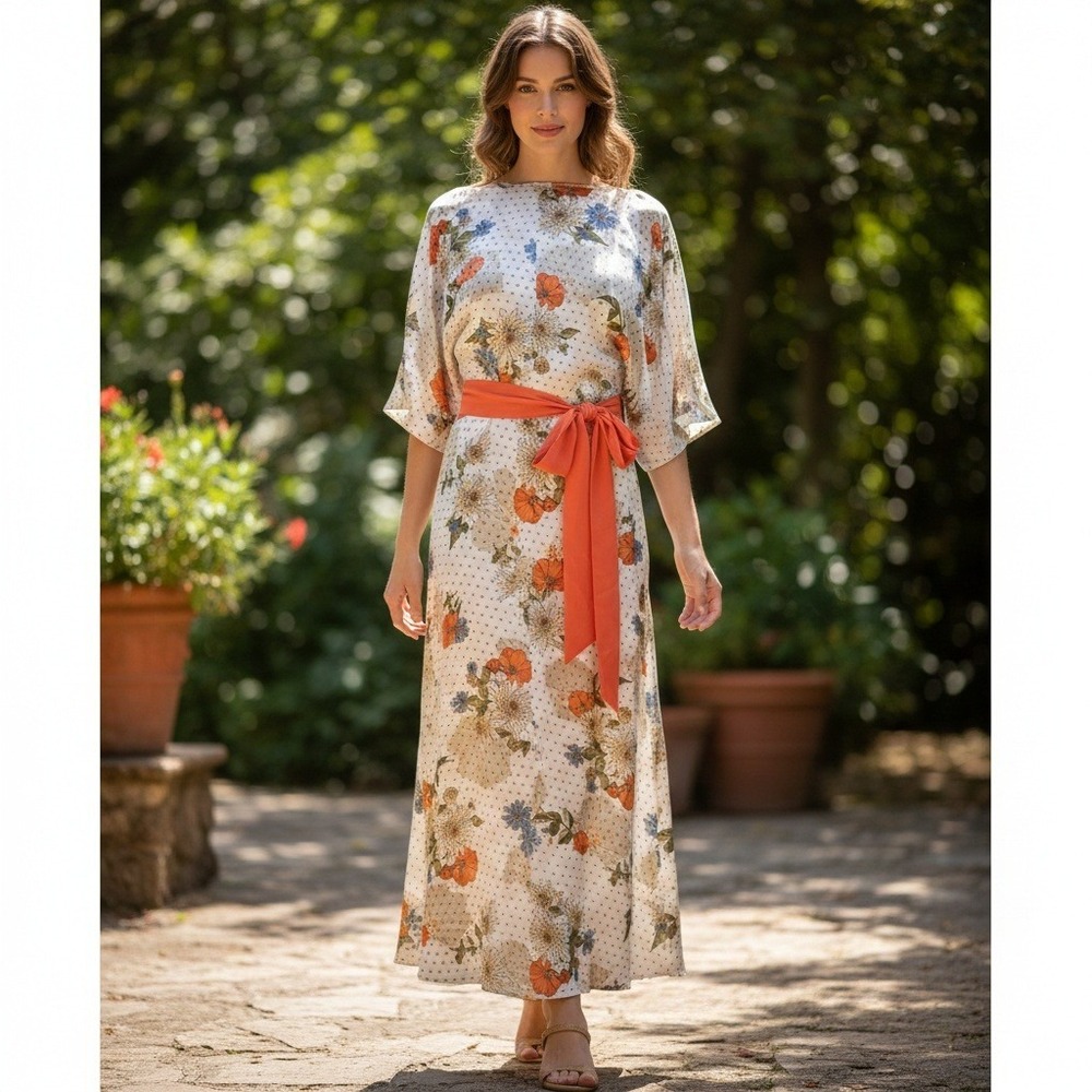 Unique Vintage Floral Polka Dots Maxi Dress Women's Small Belted Grandmacore NWT